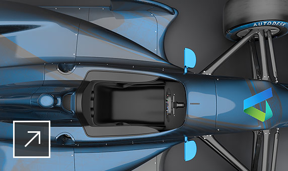 Close-up view from above of a sleek, blue race car model with Autodesk logo