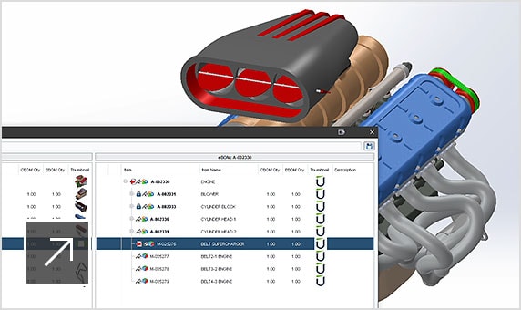 A 3D engine in CAD with a pop-out of revisions being checked in