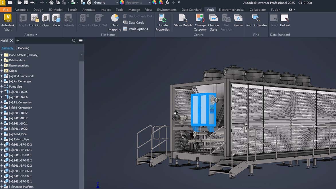 Autodesk Inventor screen displays integrated Vault data management.