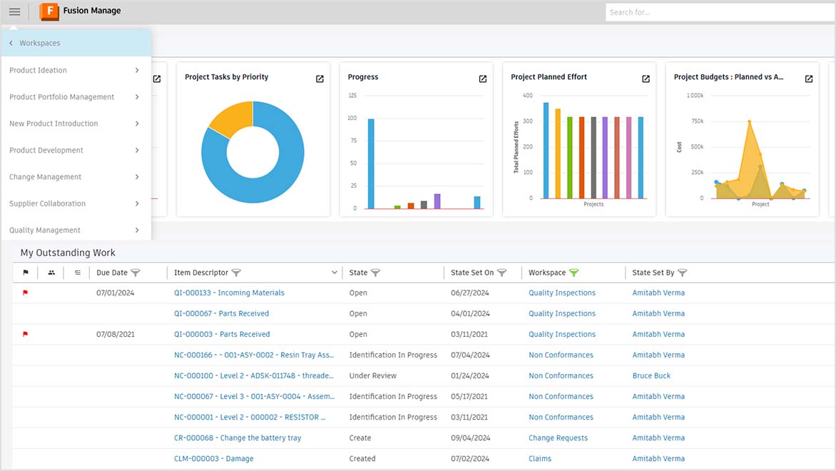 Autodesk Fusion Manage screen displays Autodesk Vault PLM workspaces menu.