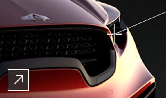 Rendu d'une voiture de sport rouge avec une représentation de la caméra et deux lignes perpendiculaires tracées à partir de la caméra dans VRED