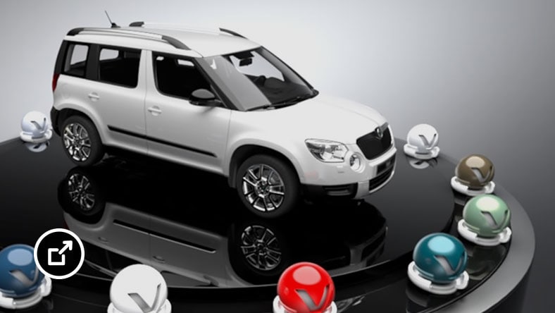 3D-modellen van een Škoda-SUV op een verhoogd platform, omgeven door bollen 