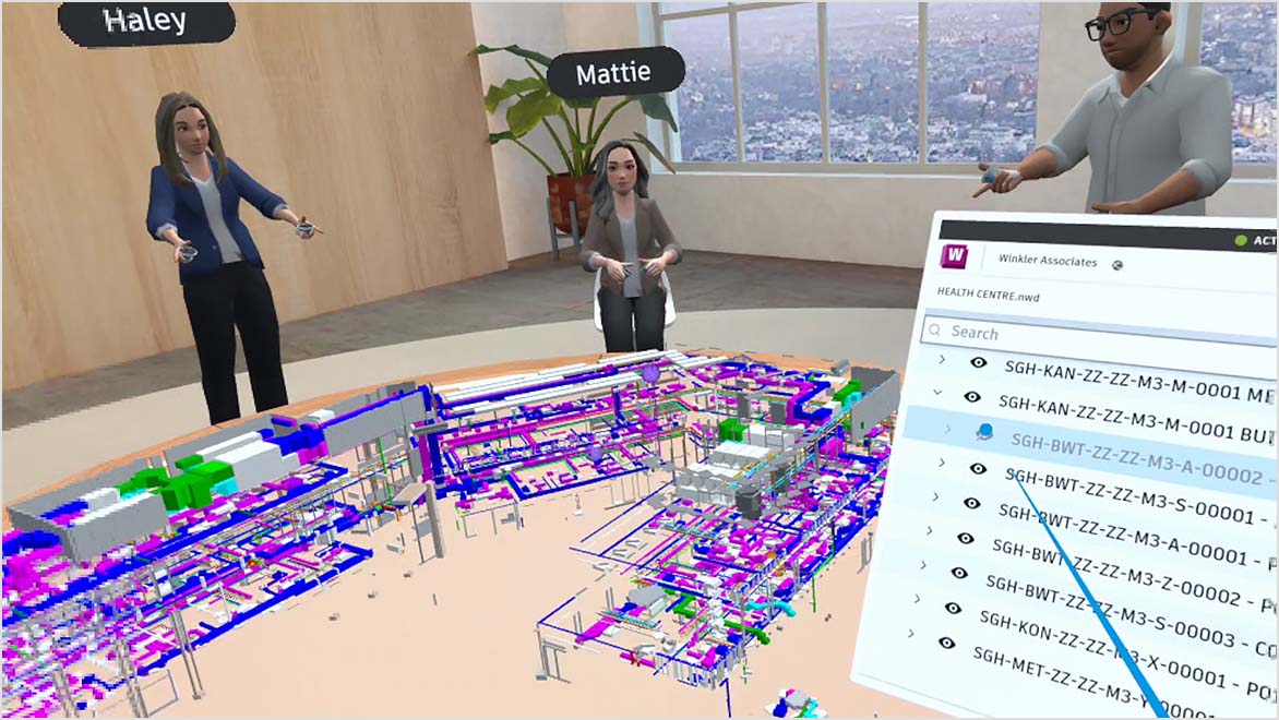 Virtual reality team looking at a building model 