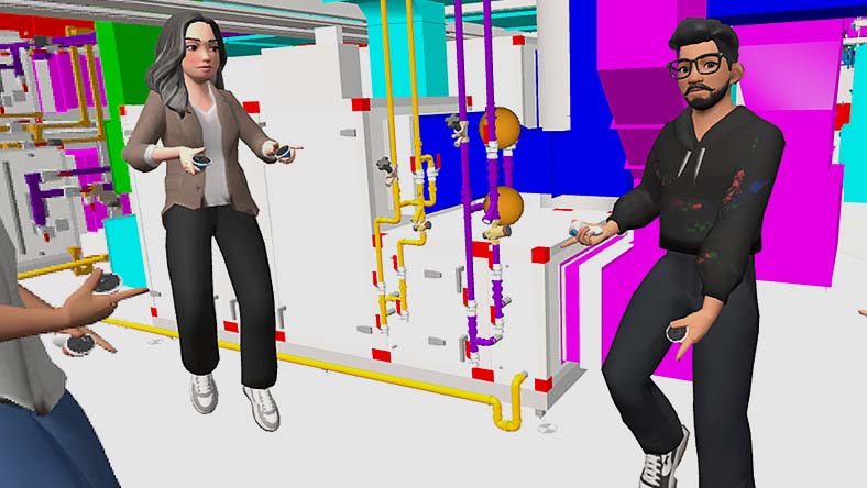 VR avatars looking at interior piping of building
