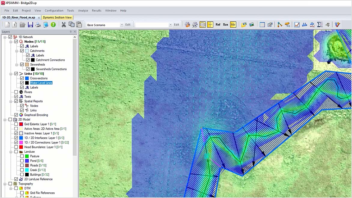 Aerial view of an environment with overlaid data showing the impacts and direction of water flow within the area.