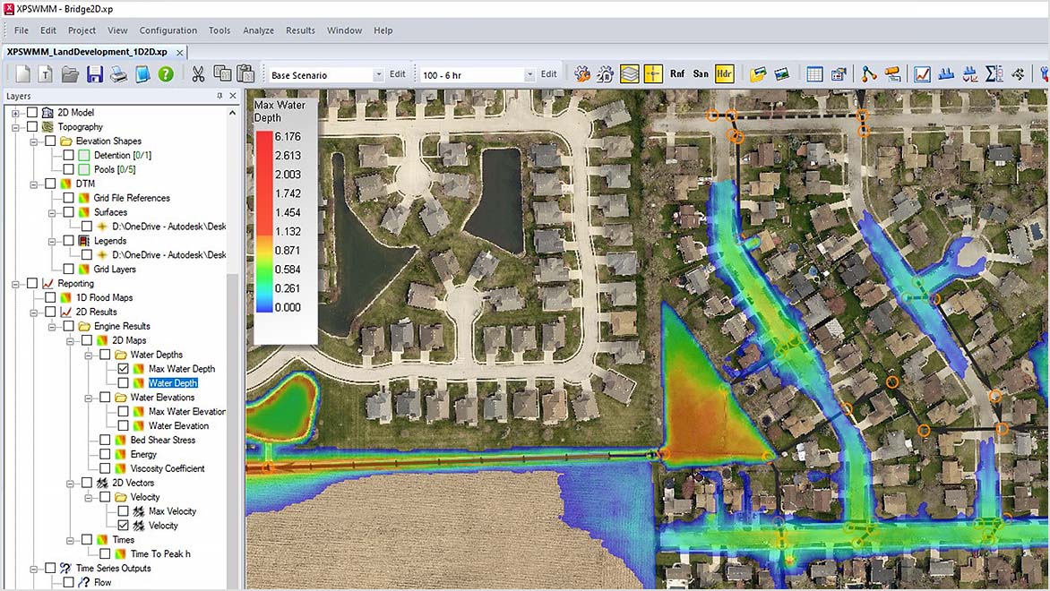 Aerial view of a residential land development with overlaid data showing the impacts of flooding within the area 