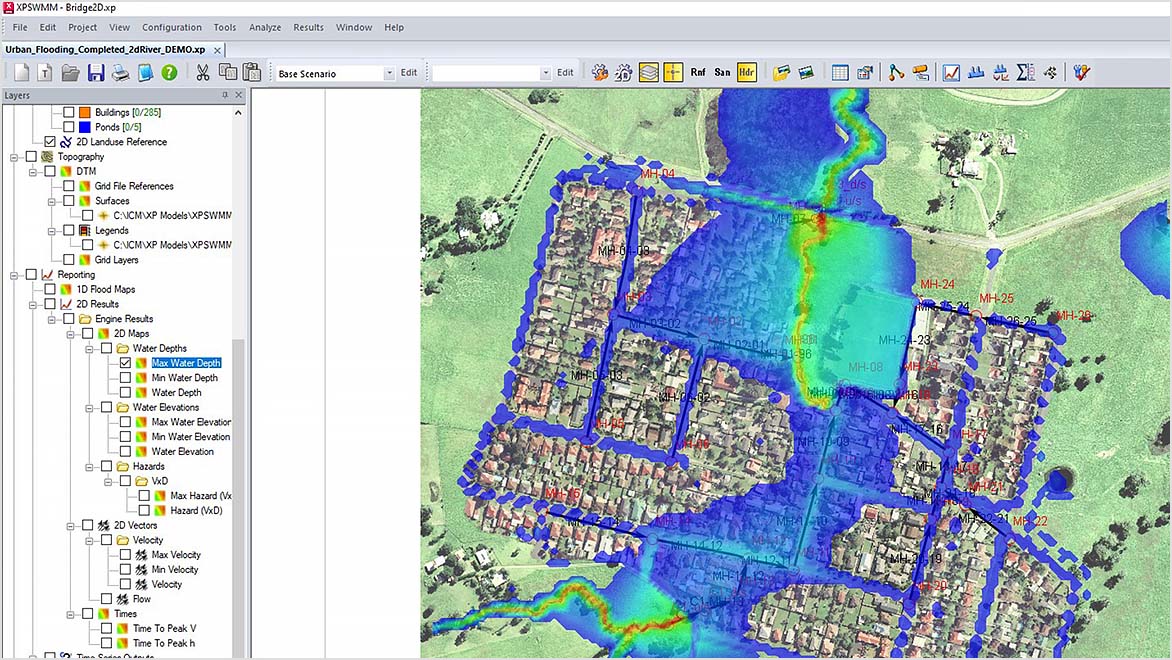 Autodesk XPSWMM displays aerial view of a residential neighborhood with overlaid data representing water flow simulation 