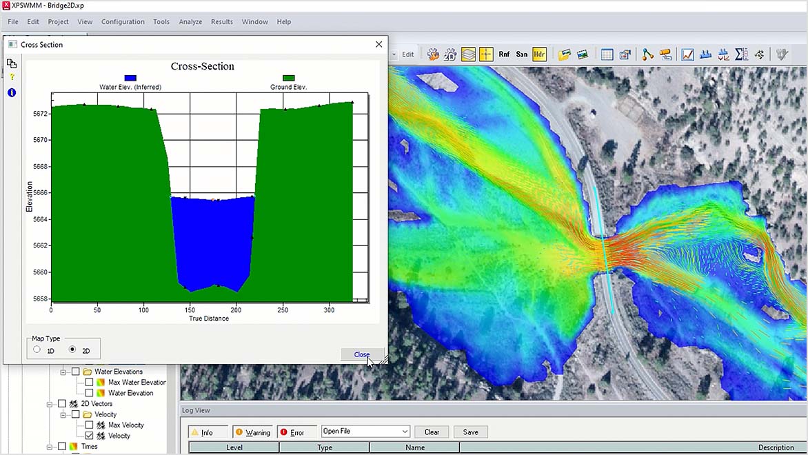 Aerial view of an environment with overlaid data shows the impacts of flooding on the nearby area