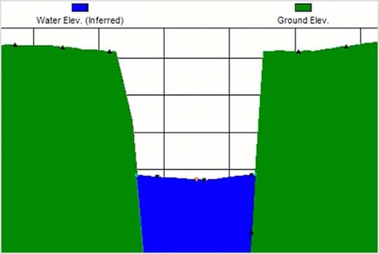 Aerial view of an environment with overlaid data shows the impacts of flooding on the nearby area