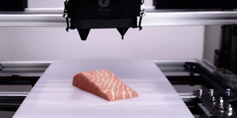 3d printed food Revo Foods salmon alternative on production line