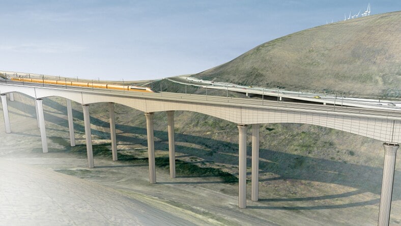 Rendering of high-speed train with highway and wind farm