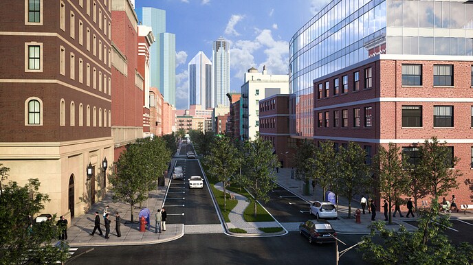 Rendering of street intersection in a city