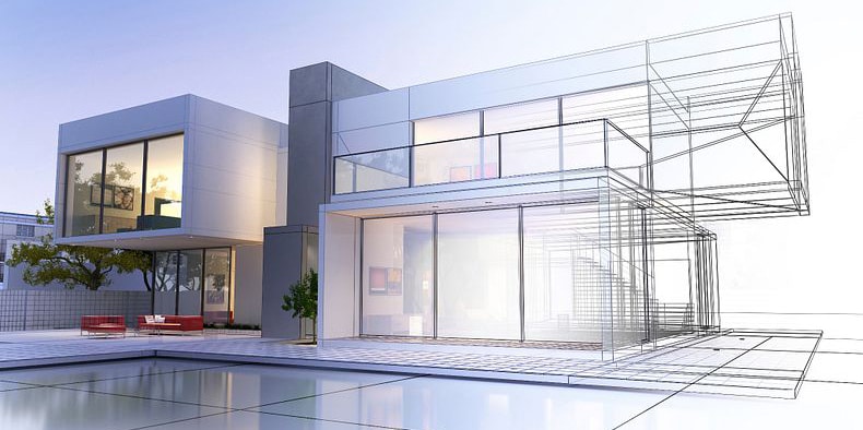 Rendering 3D di una casa di lusso con rendering e wireframe realistici a contrasto.