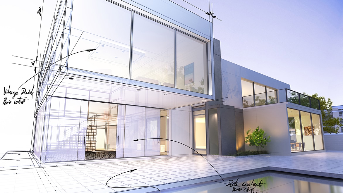 Renderização 3D de uma casa residencial combinada com anotações técnicas de rascunho.