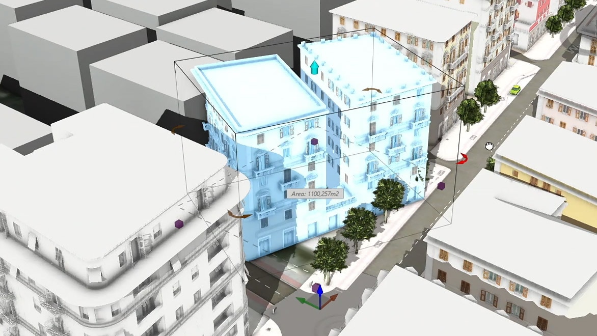 A 3D design layout of city streets and buildings including software tools and navigation options. 