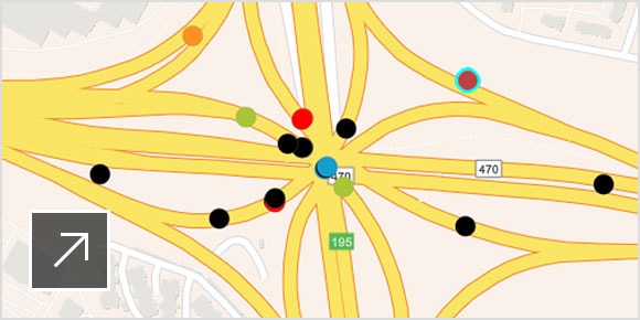 Gjengivelse av veikryss på motorvei som viser problemklynger, som vist i en nettapp