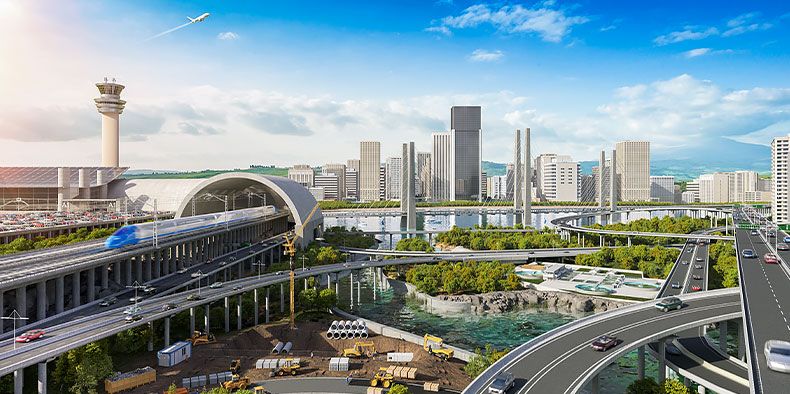 A fictional rendered cityscape of infrastructure including roads, railways, tunnels, bridges, water structures and more.