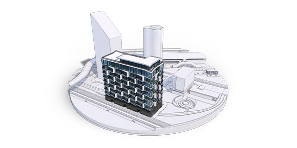 Rendu de la conception d’un paysage urbain incluant des routes, des cours d’eau, des bâtiments et d’autres infrastructures.