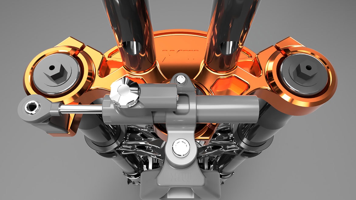 バイクのフロントエンドのトリプル クランプを、Fusion 360 でレンダリング