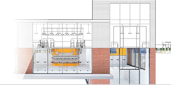 Rendering mit 2D-Überlagerung eines mit AutoCAD erstellten Cafés