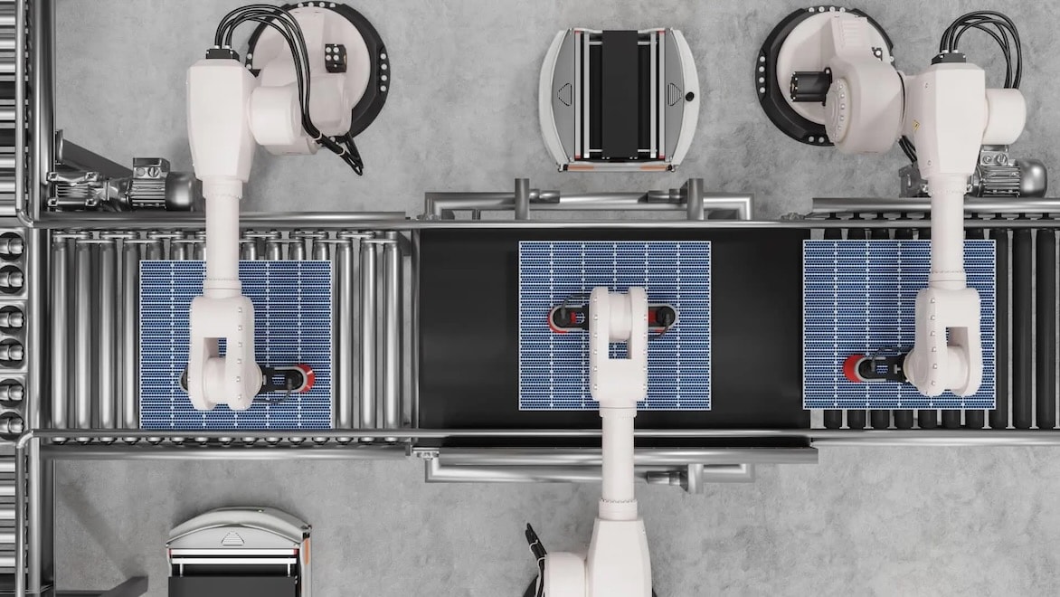 Overhead view of several autonomous robots working on an assembly line.