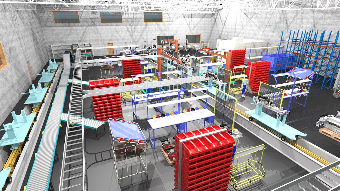 Factory Design Utilities rendering of a factory assembly floor of the manufacturing customer, Vimek.