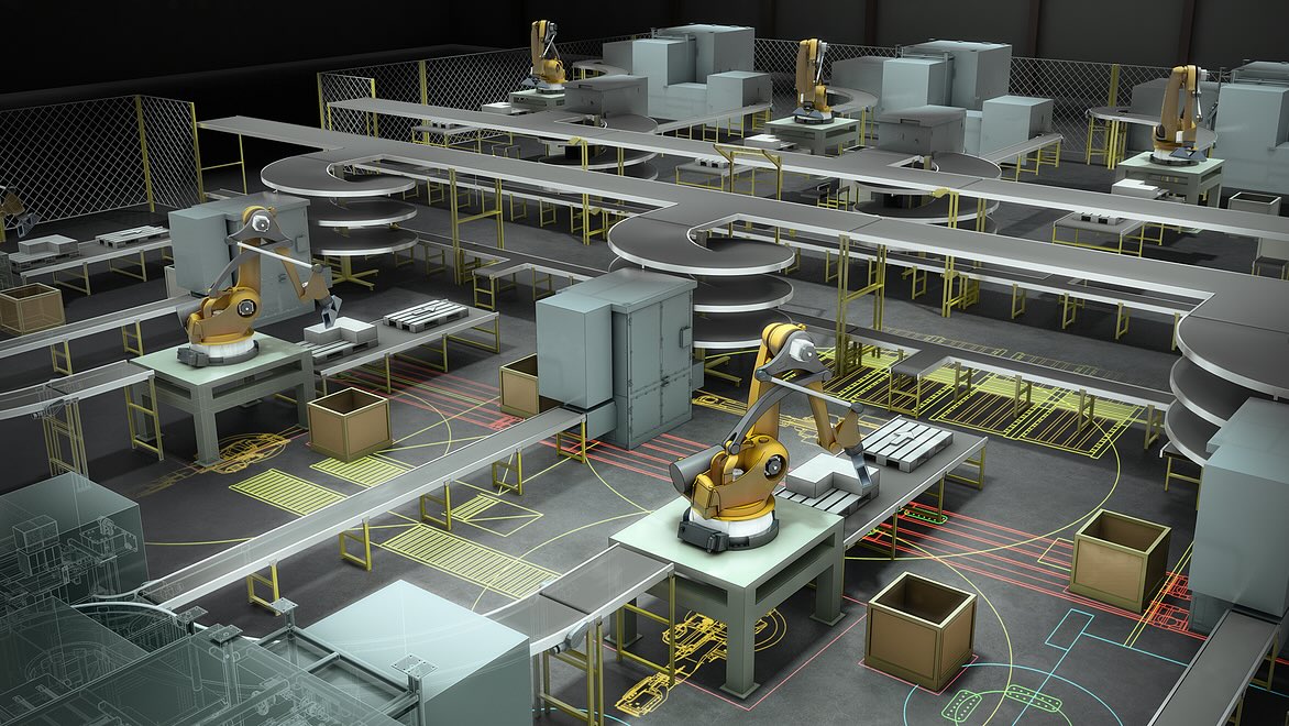 3D rendering of a manufacturing plant layout including conveyor systems and robotic arms.