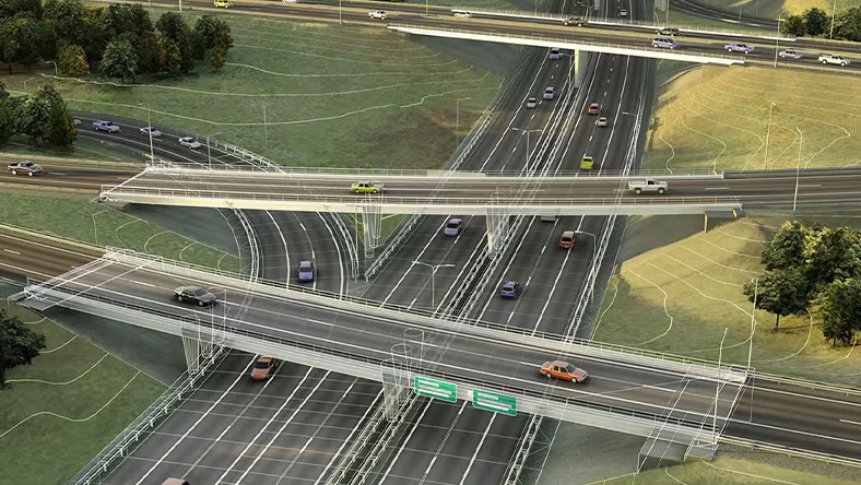 Illustration of a construction site with workers and machinery, showcasing a large building project in progress, with blueprints and safety equipment visible