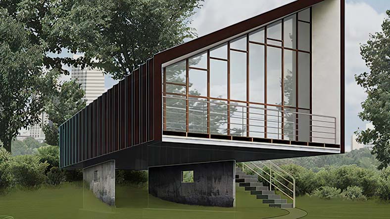 Rendering of a house with a city backdrop