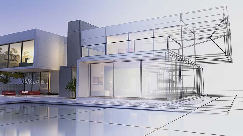 Rendering of an open office building with a cross section cut out showing the interior.