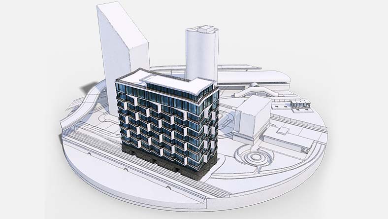 A rendered design of a cityscape including roads, waterways, buildings, and other infrastructure.