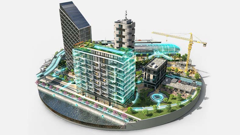 A rendered design of a fully operational cityscape, including roads, waterways, buildings, and other infrastructure.
