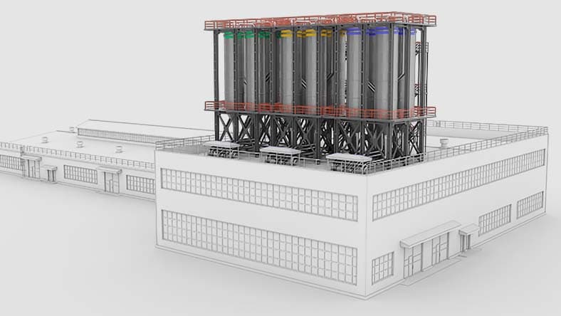 Rendering of a piece of industrial equipment on top of a factory