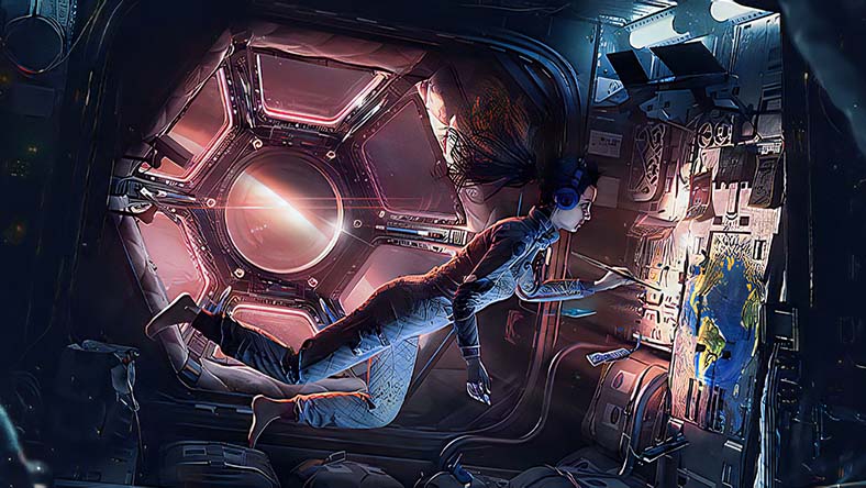 Woman wearing headphones painting in spaceship
