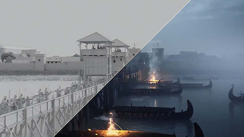 Split image: grayscale warriors on left, fiery waterfront on right