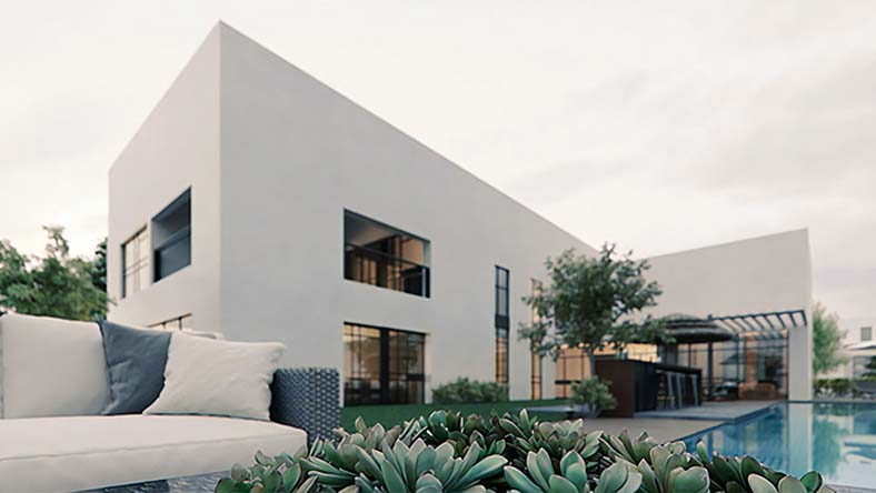 Rendering of brutalist modern white house