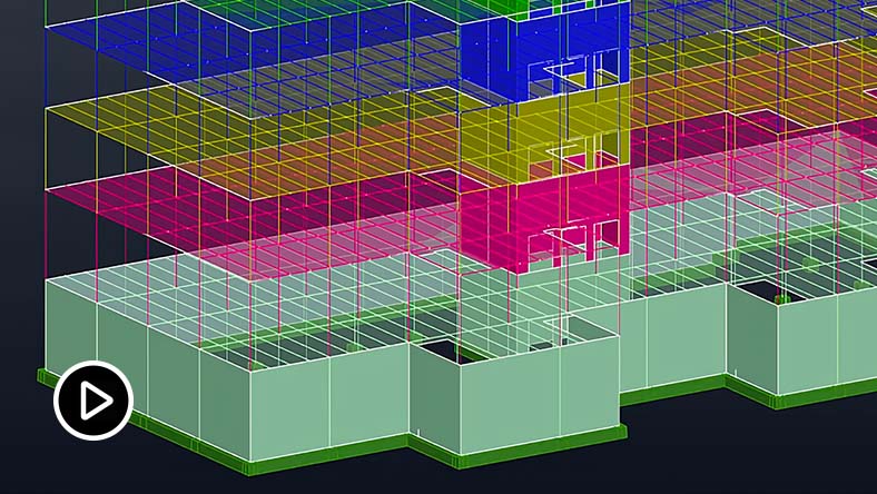 A 3D rendering of a multilevel building with each level represented as a different color