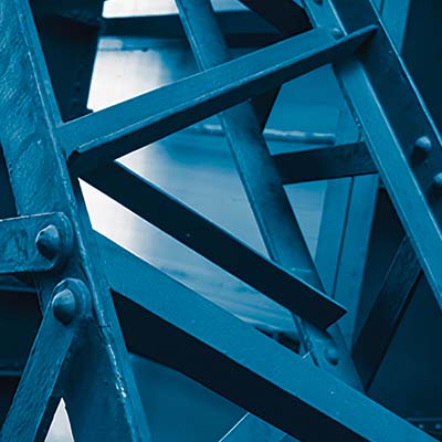 Close up view of blue structural steel connections