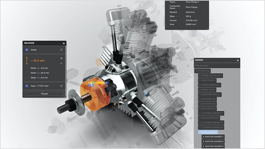 An exploded view of an engine including editing options in Vault.