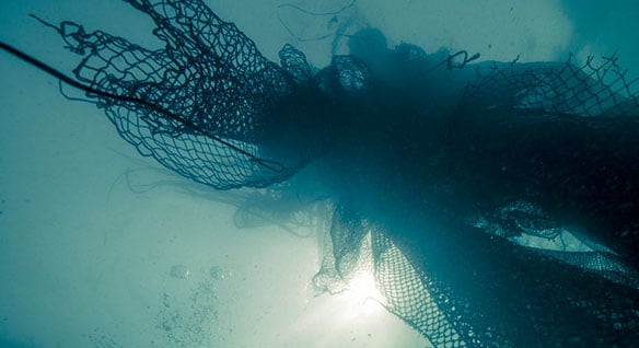 Recyclable fishing nets floating in the sea