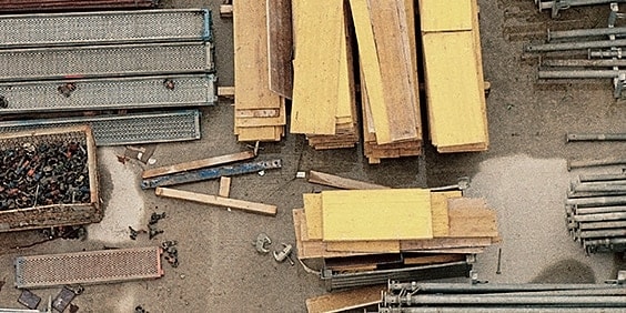 Ariel view of various raw materials at a construction site