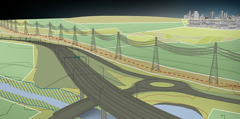 Computer rendering of an infrastructure model including a roadway