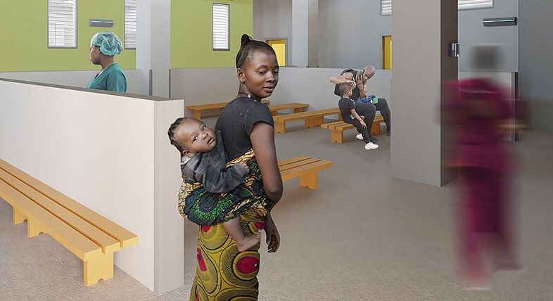 Woman in a hospital waiting room with a baby on her back