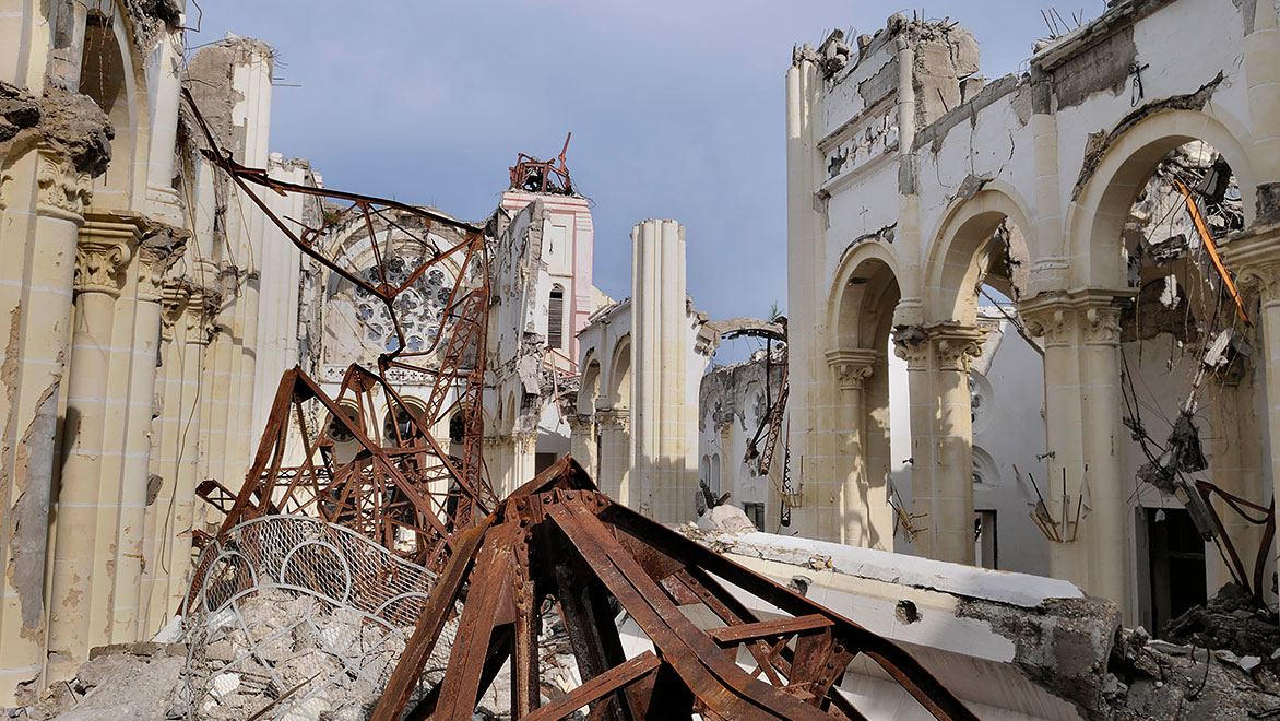 Close-up of collapsed church in Haiti